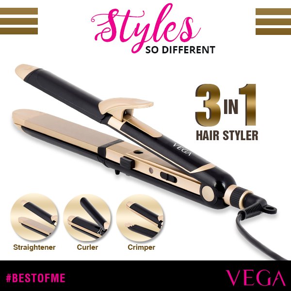 Vega VHSCC-01 3 In 1 Hair StylerGet a new you everyday at home with Vega 3 in 1 styler. You can straighten, crimp and curl your hair with this styler. From a corporate look to a party look, this stSondaryam AppliancesVega VHSCC-01 3