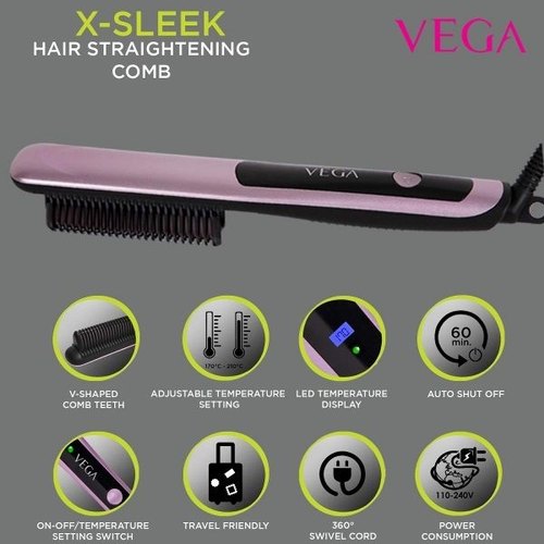 Vega VHSC-03 X-Sleek Straightening CombGet silky, smooth and sleek hair with the innovative X-Sleek Straightening Comb from Vega. An adventurous combination of hair straightener and hair comb, this new geSondaryam AppliancesVega VHSC-03