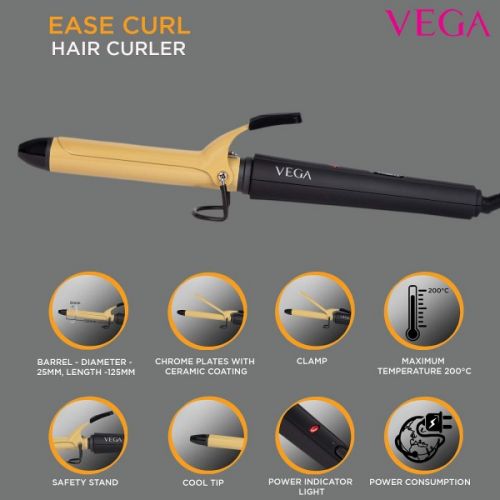 Vega Ease Curl VHCH-02 Hair CurlerManufacturer/Brand warranty applicable. Kindly retain the original Sondaryam invoice copy to avail warranty service.

25mm barrel
Chrome Plates with ceramic coating,Sondaryam Vega Ease Curl VHCH-02 Hair Curler